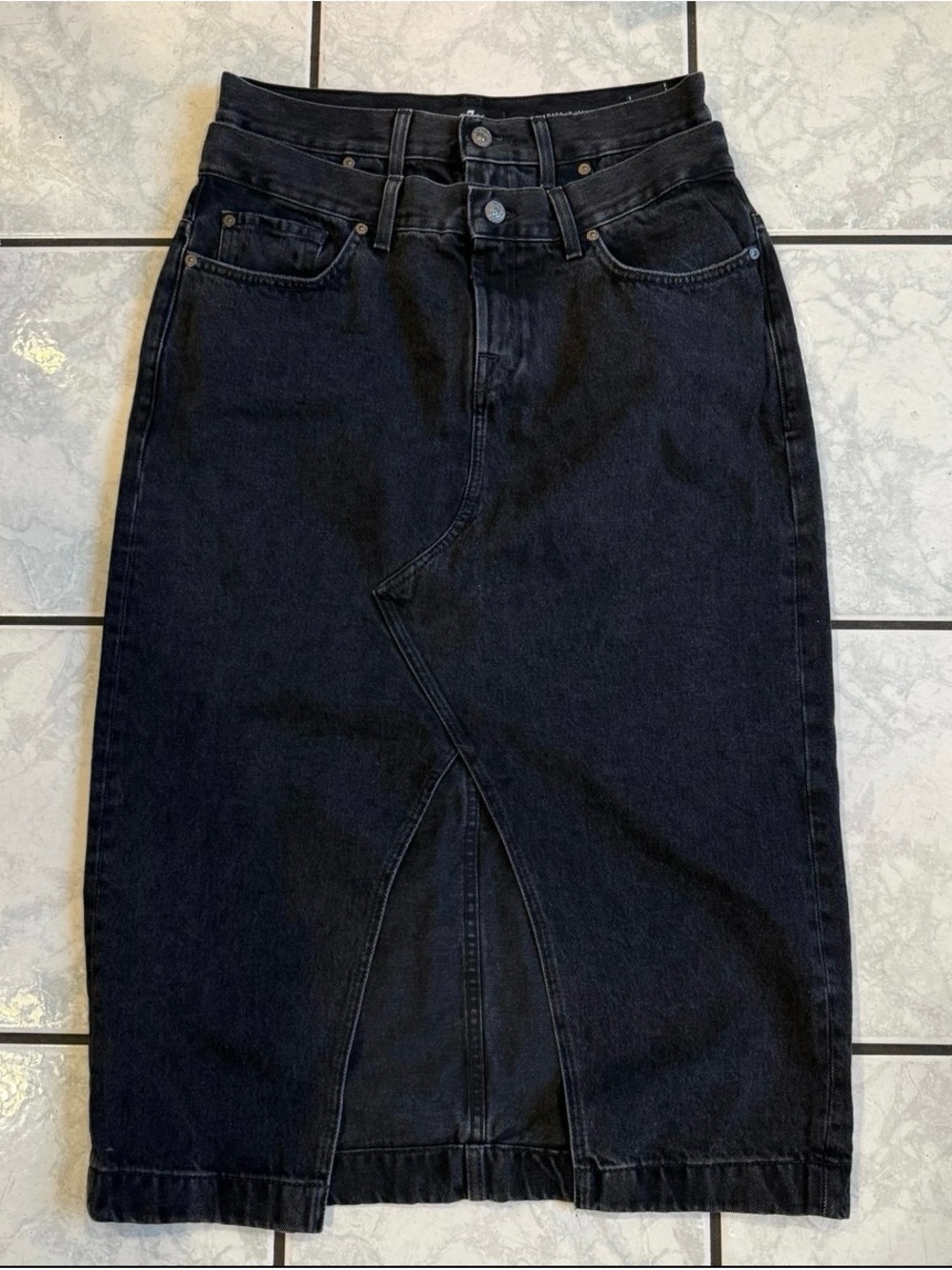 NWOT 7 For All Mankind Black Denim Midi Skirt